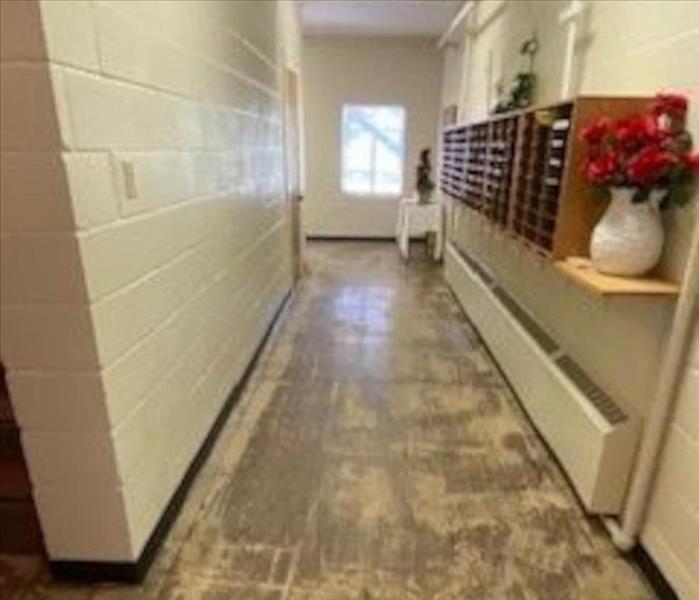 White hallway with concrete floors covered in dirt from flood waters. White vase and red flowers next to mailbox on shelf.