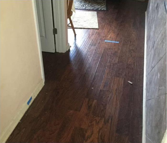 Hallway with hardwood floors and a 12 inch piece of blue tape on floor and one of baseboards
