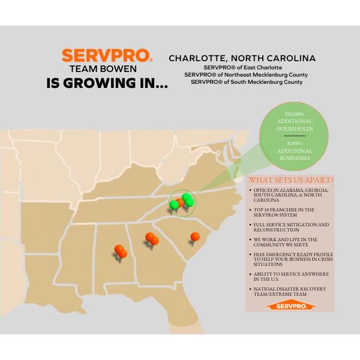 Map of southeastern states showing Team Bowen locations with Servpro logo 
