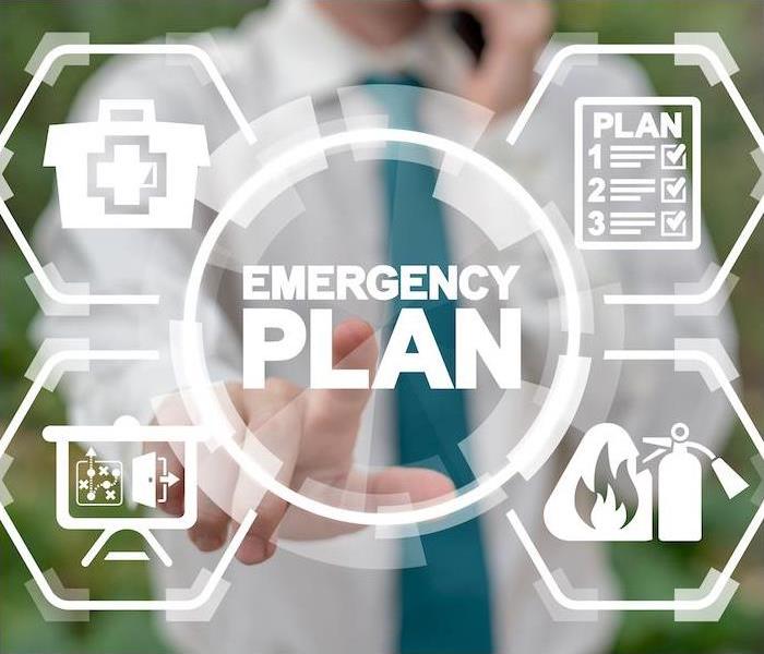 man wearing a white  dress shirt and blue tie behind emergency plan clear illustration